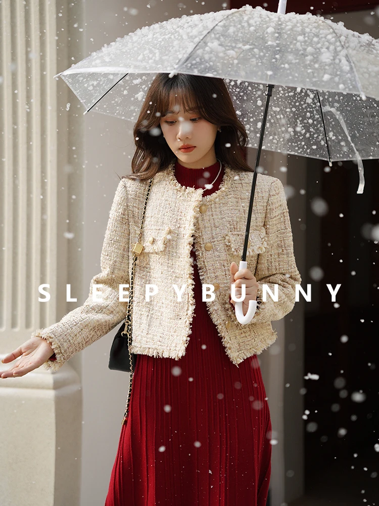 

Elegant Warm Tweed Jacket Women Winter Short Coat Round Neck Fashionable Down Padded Blazer Vintage Chic Outerwear Casual Wear