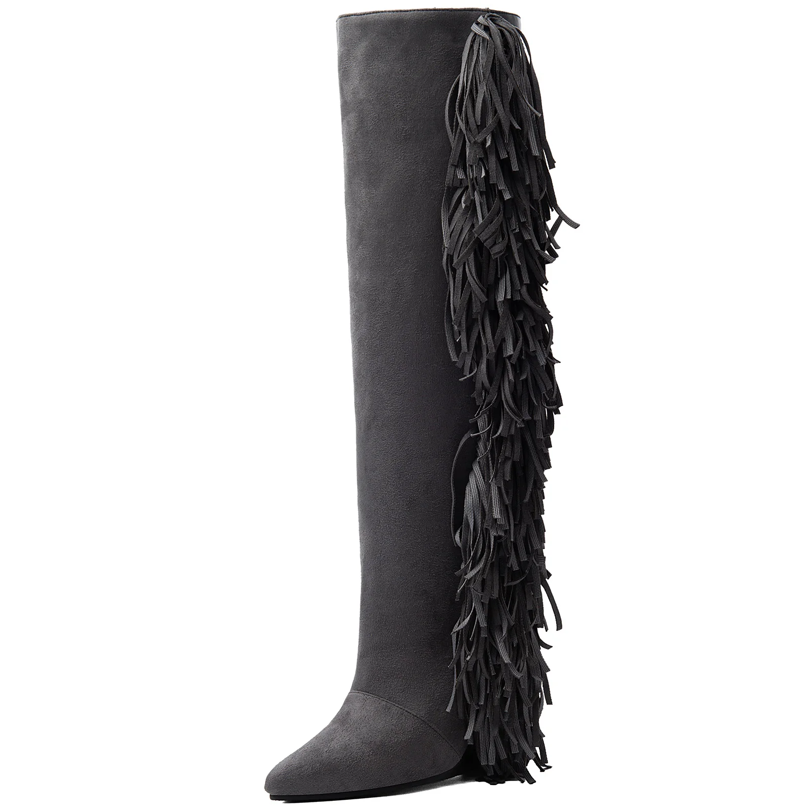 Women Grey Fringe Knee High Boots Pointed Toe Wedge Heel Side Zipper Suede Leather Patchwork Western Cowgirl Party Shoes