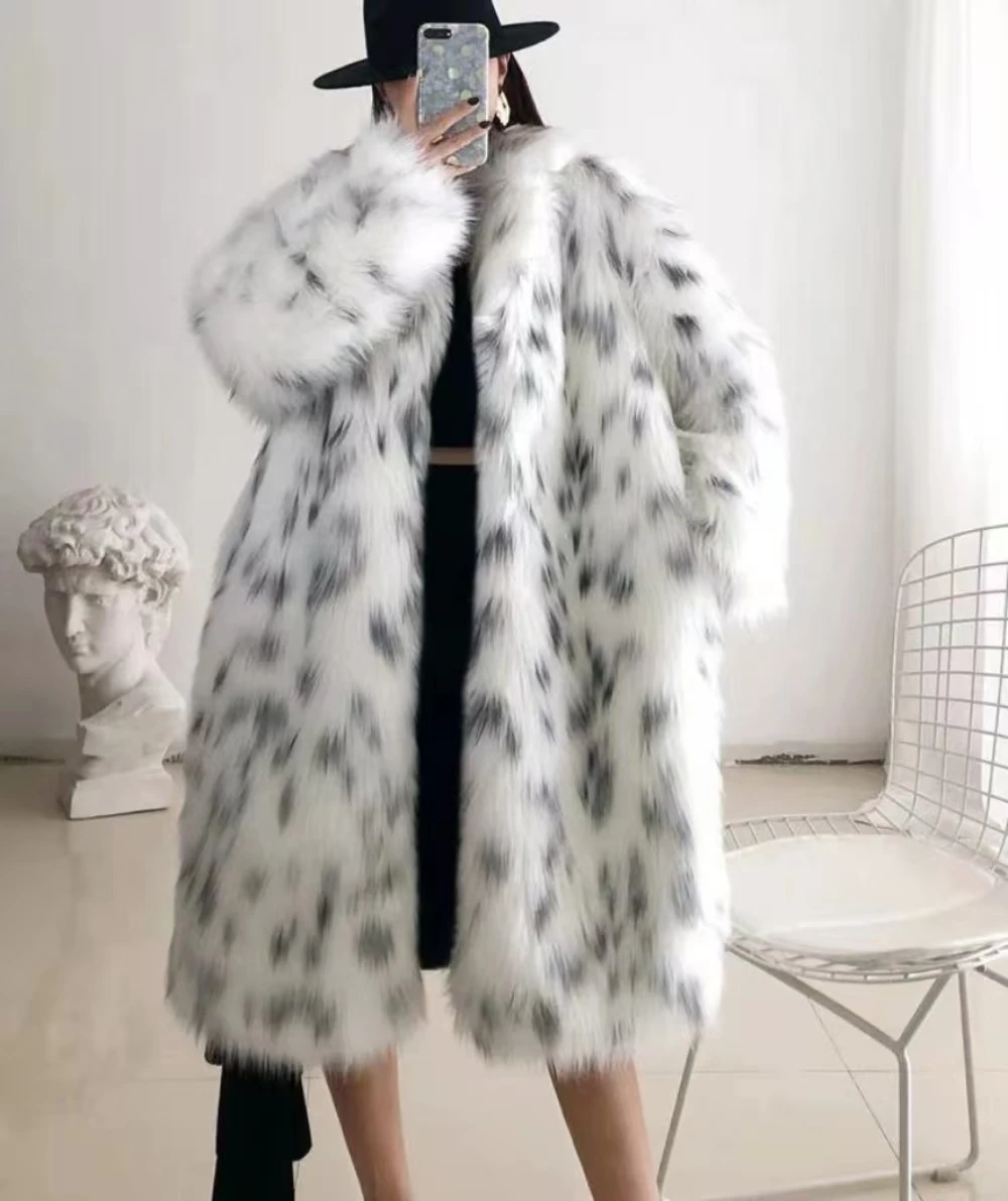 White leopard print unique long faux fur coat autumn winter big jacket coat lapel pocket thick coat warm jacket long coat