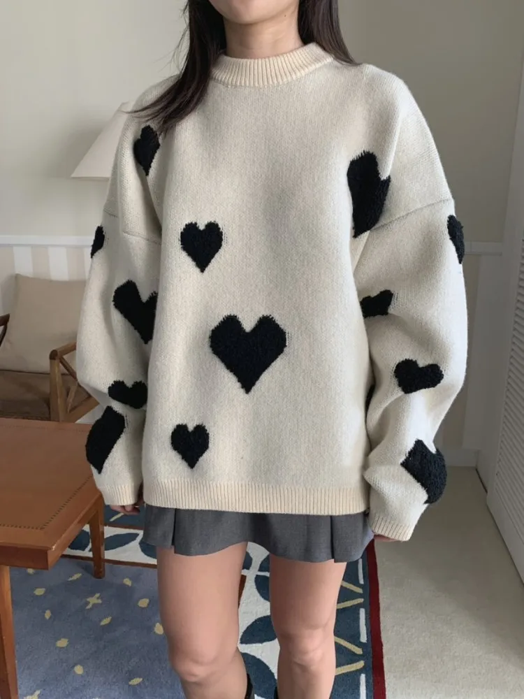 

2Colors 2023 Autumn Winter Knitted Sweater Women Love Patchwork thick warm Striped sweaters and pullovers womens(JJ7073)