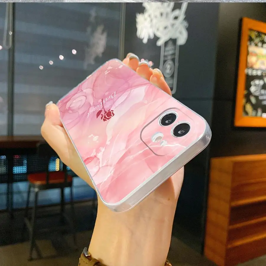 เคสโทรศัพท์แบบนิ่มสำหรับ iPhone 16e 13 12 11 Pro MAX XR 12 Mini 16 15 14 Plus 7 8 17 ลายดอกไม้ลายหินอ่อนแบบหมึกซึม