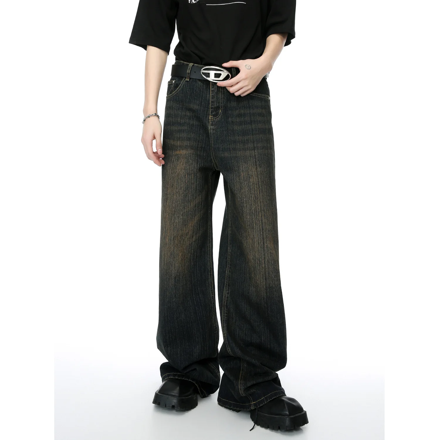 

Vintage Men Jeans Straight Washed Jean Denim Distressed Pants Loose Zipper Fly Flat Full Length Spliced Mid Waist Pockets