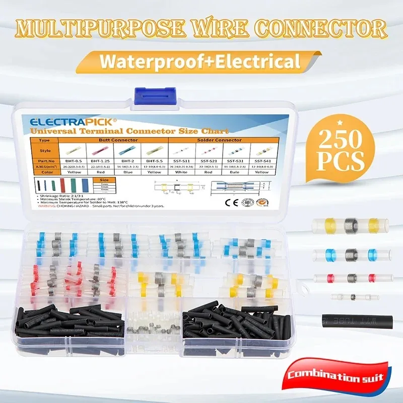 250pcs ELECTRAPICK Solder Seal Wire Connectors Kit Heat Shrink Butt Connector Waterproof and Insulated Electrical Terminals