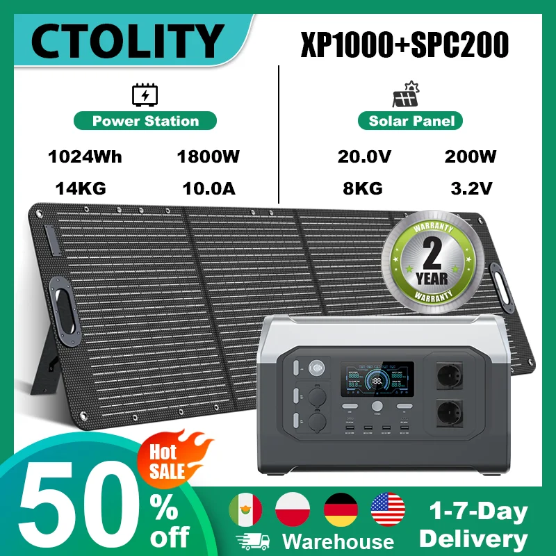 

Ctolity generador de energía portatil XP1000 1800W Portable Power Station, 200W Solar Panel Opitional, Foldable Solar Generator