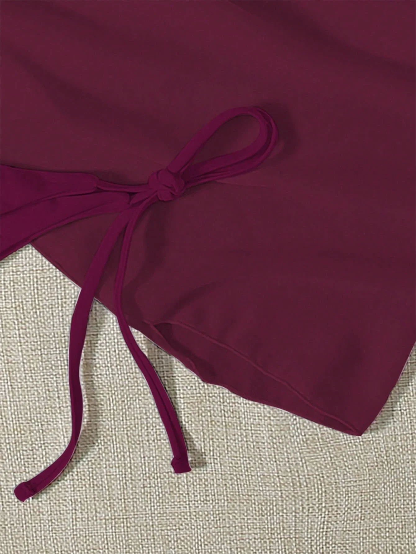 

Solid Burgundy Halter Triangle Bikini Set For Women Featuring Side-Tie Bottoms And Matching Skirt