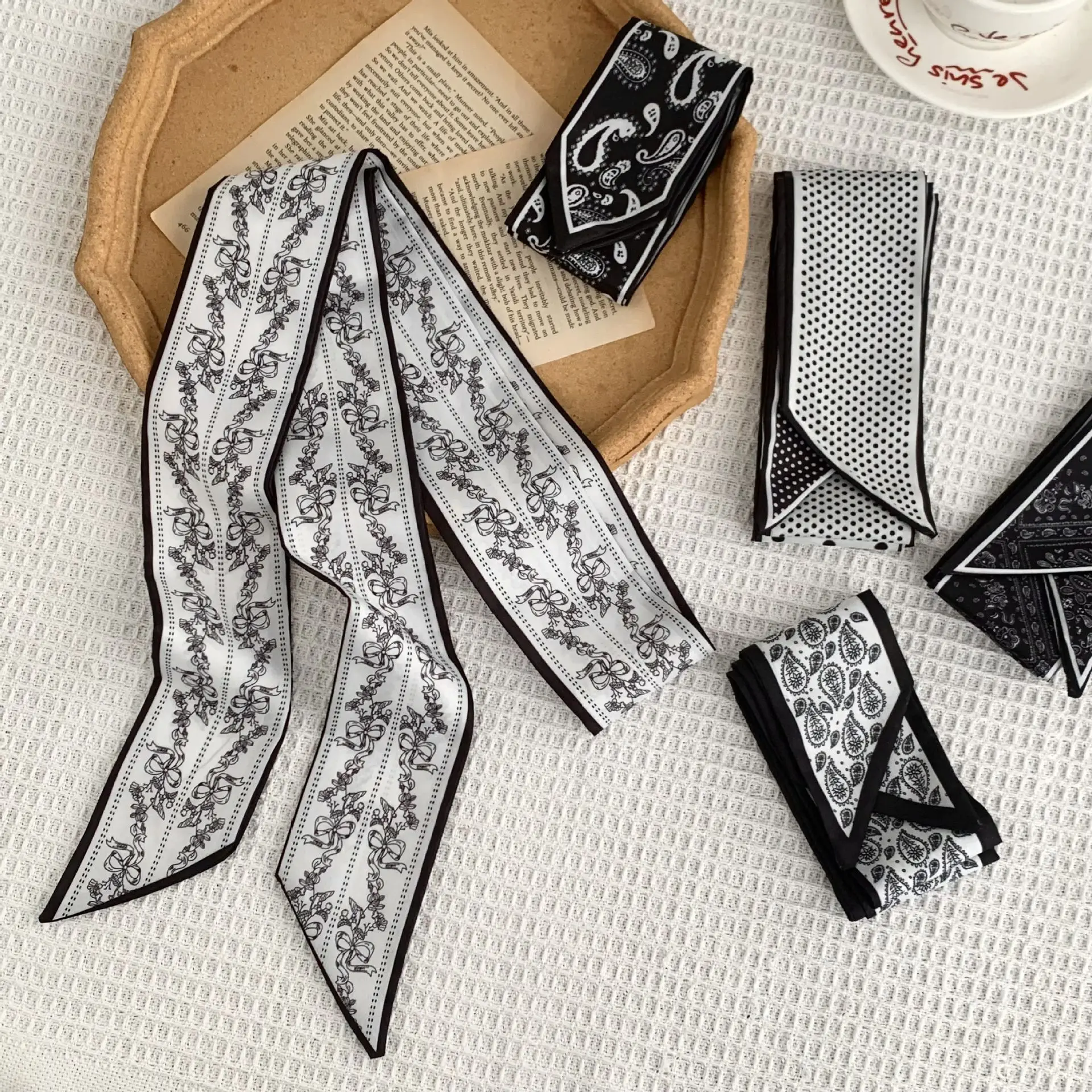 

Premium Long Vintage Paisley Silk Scarf Women Diagonal Decorative Ribbon Versatile Neck Head Hair Belt Wrap Khaki Soft