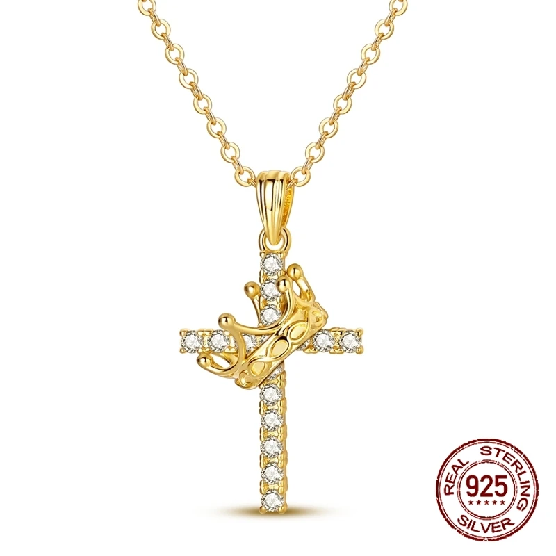

925 Sterling Silver Golden Crown Cross Pendant Necklace CZ Crystal Paved Religious Faith Necklace Jewelry Gifts for Women