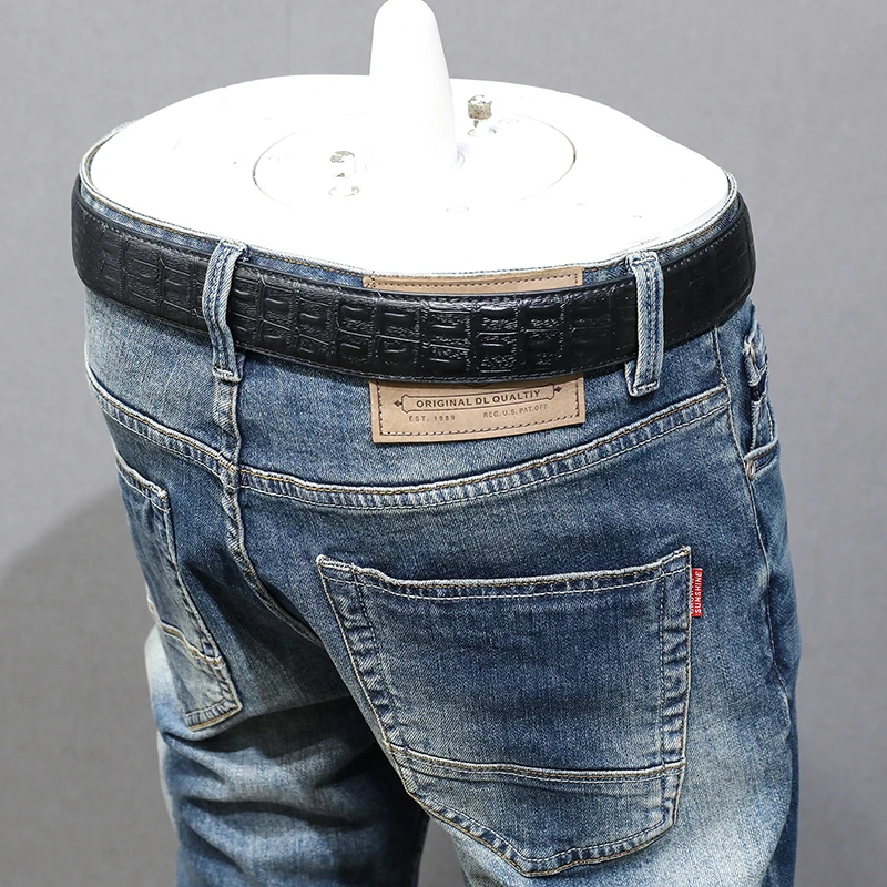 Italian Style Fashion Men Jeans High Quality Retro Blue Stretch Slim Fit Ripped Jeans Men Vintage Designer Denim Pants Hombre