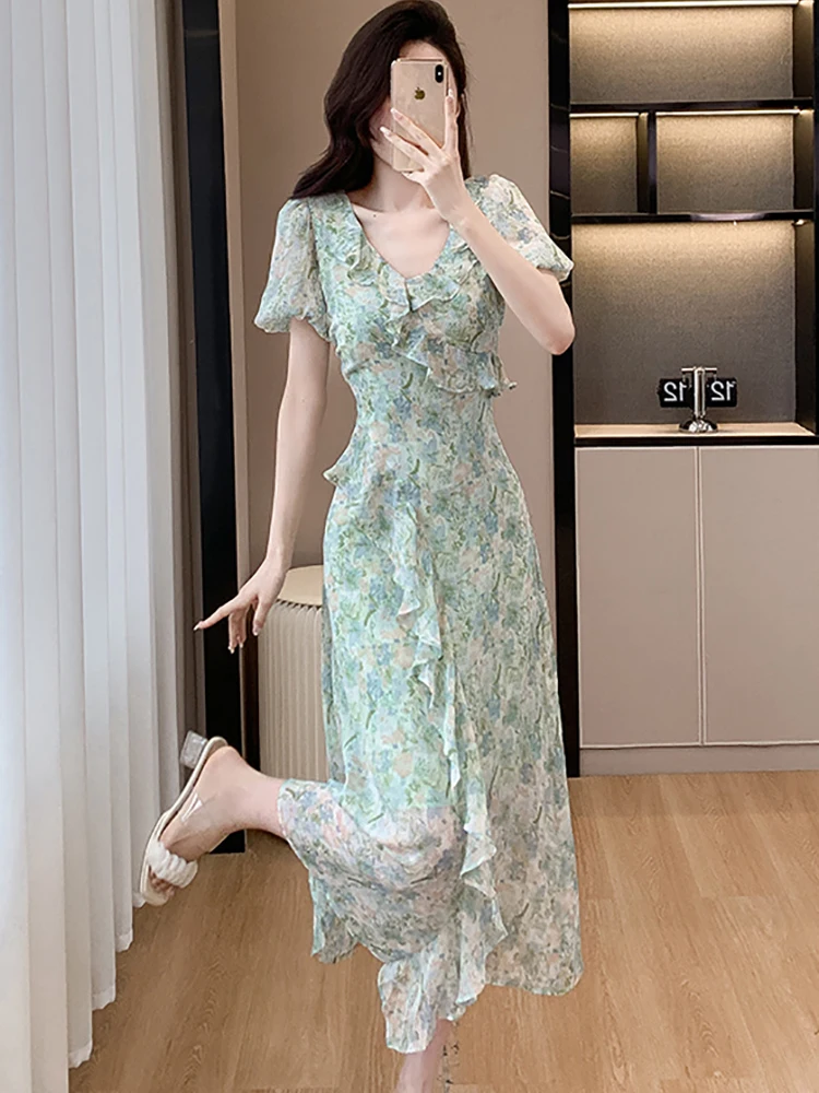 Women Pink Floral Ruffled V-Neck New in Dress Summer Short Sleeve Bodycon Holiday Dress 2024 Korean Elegant Chic Evening Dresses