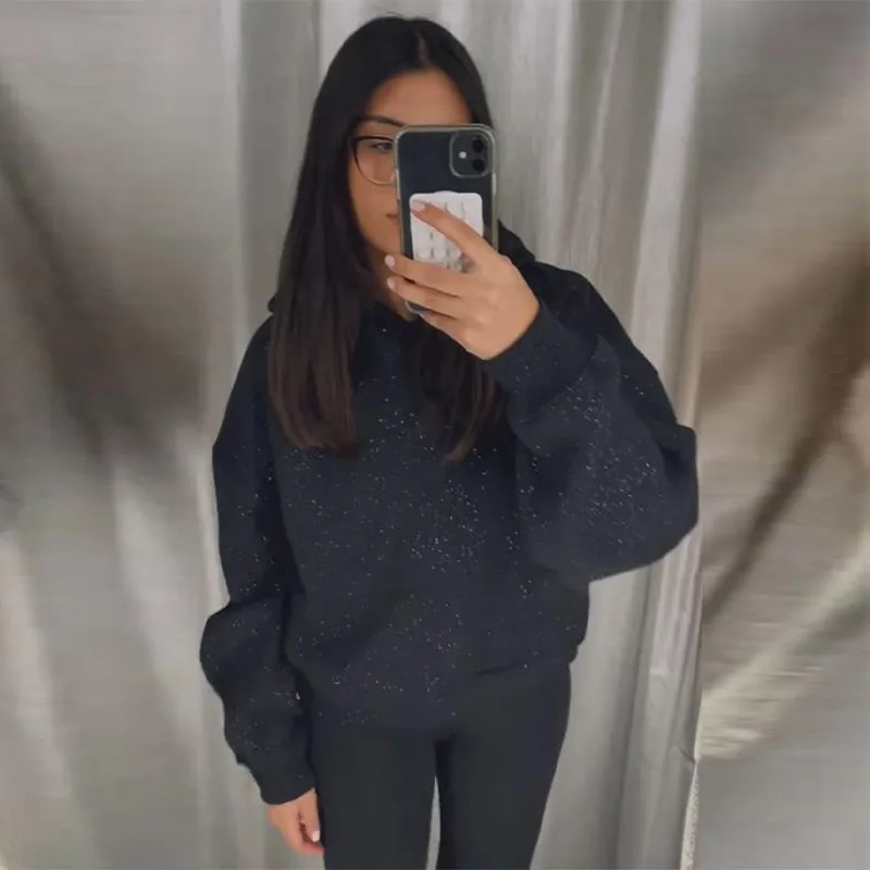 Black Glitter Bling Hooded Sweatshirt Women Casual Long Sleeve Basic Classic Style Pullovers  New Trendy Lady Sweatshirts Top
