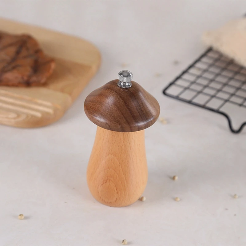 Pepper Grinder Solid Wood Cute Mushroom Shape Wooden Grinder Kitchen Multi-Purpose Grinding Tool Seasoning Bottle