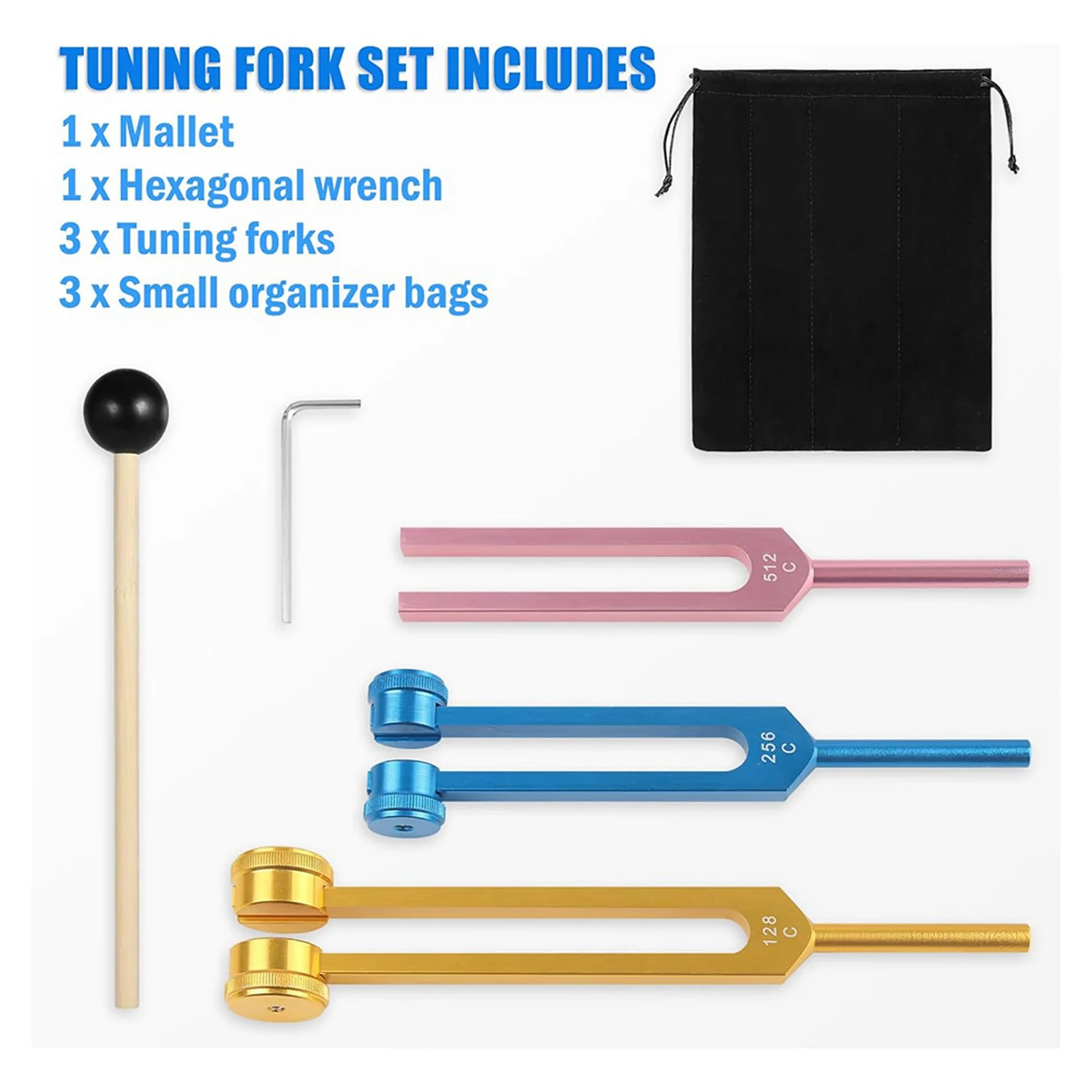 SYDS 6Pcs Tuning Fork Set (128Hz, 256Hz, 512Hz) , Aluminum Forks With Hammer For Healing Chakra,Sound Therapy,Reliever Stress