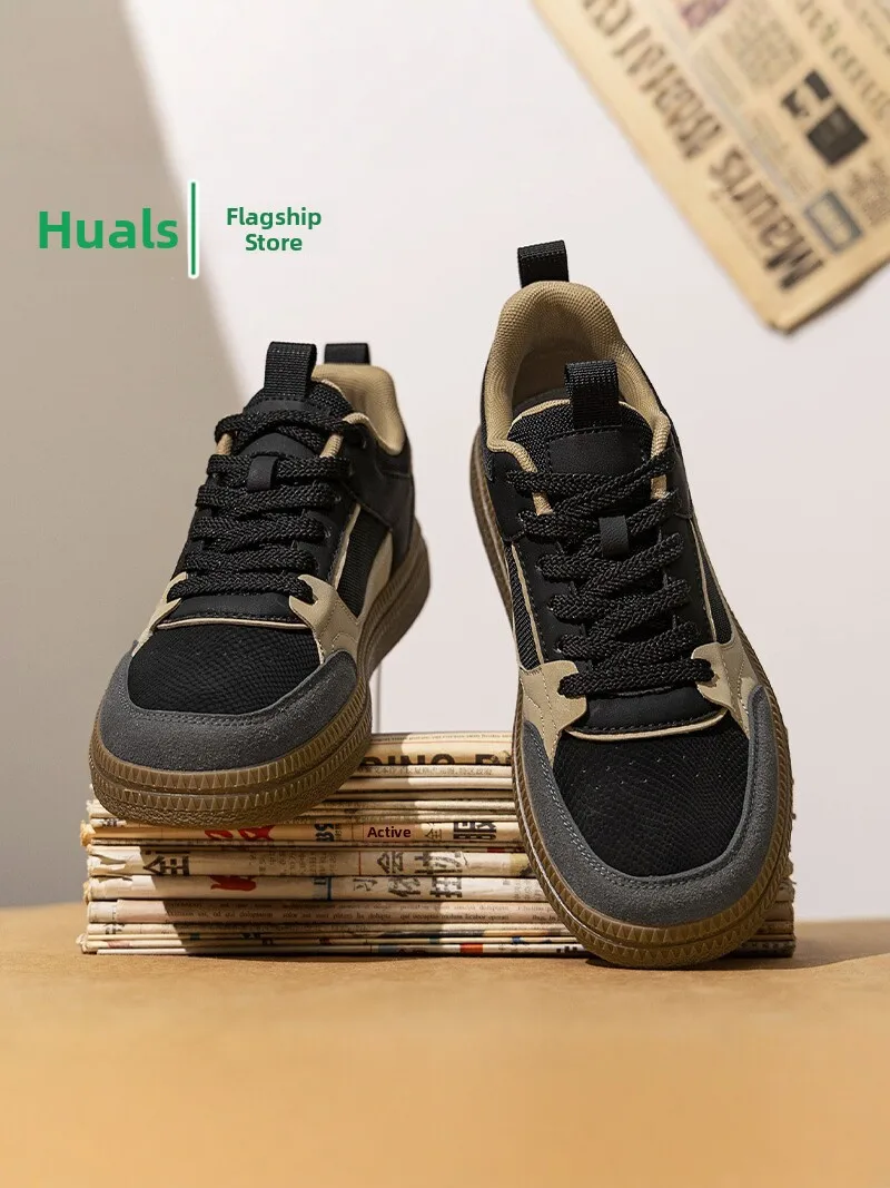Men's Retro High-End Casual Leather Surface Sport Shoes Autumn New Style Thick Bottom Heightening All-Match Leisure Board Shoes