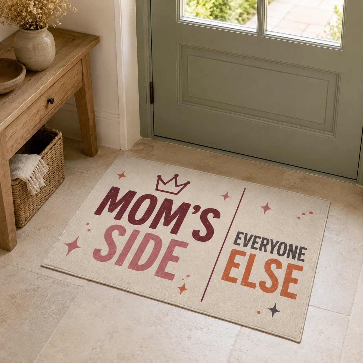 Novelty Family Door Mat Mom's Side Everyone Else 50x70cm Non Slip Welcome Rug for Front Door Entryway Hallway Mother's Day Gift