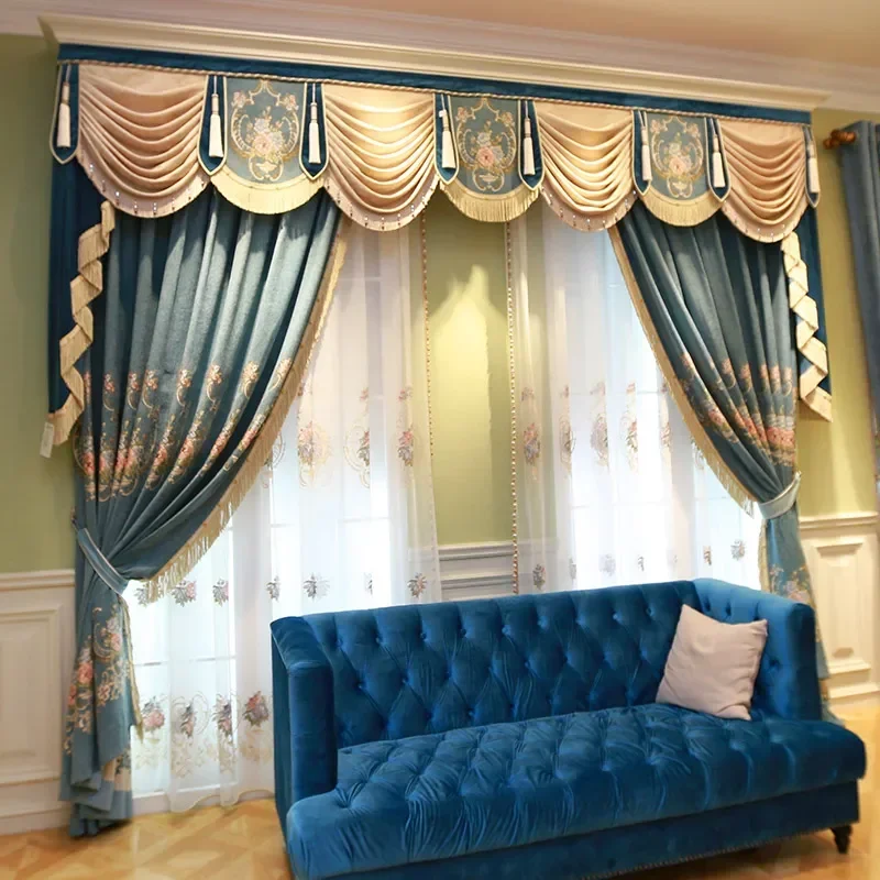 Customised Blue Jacquard Chenille Tassel Curtains for Living Room Bedroom Balcony Villa Embroidery Window Screen Valance