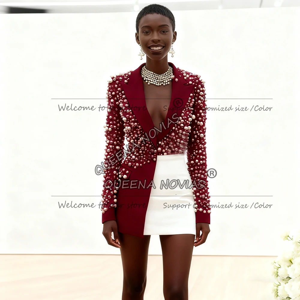 ชุดสูทประดับมุกหรูหราสำหรับผู้หญิง ชุดเซ็ต 2 ชิ้น เสื้อแจ็คเก็ต + กระโปรงสั้น ชุดทำงานสุภาพสตรี ชุดออกงาน ชุดแม่เจ้าสาวสั่งตัดได้ ปี 2026