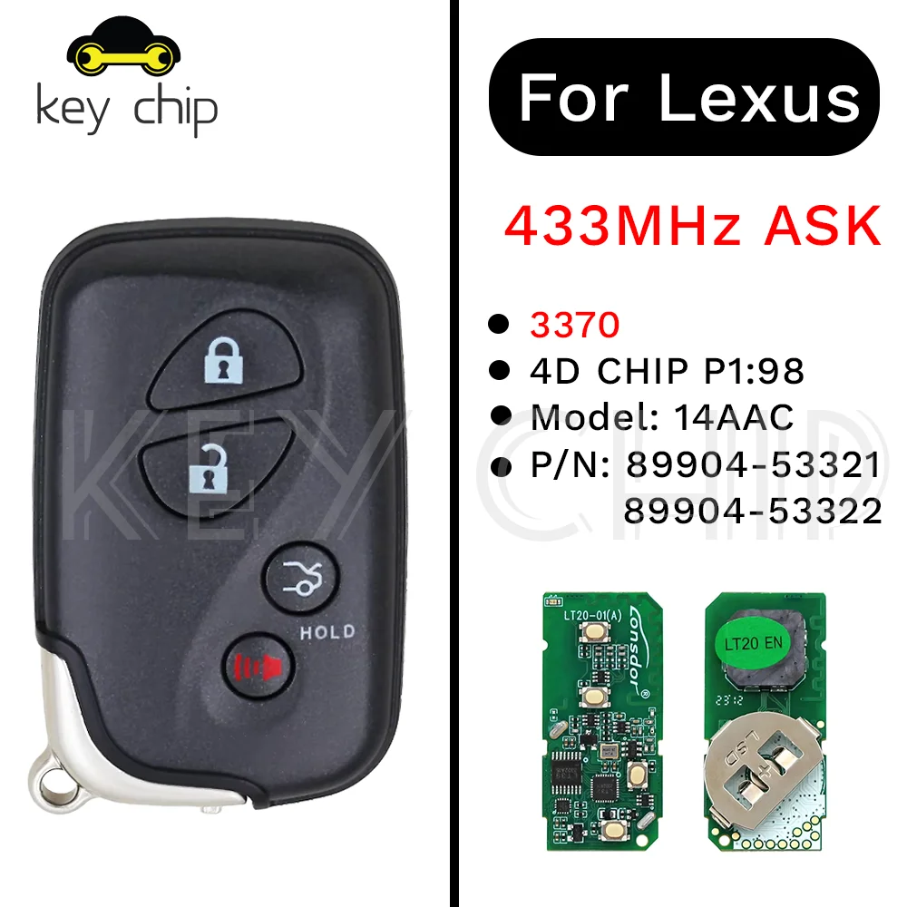 

Умный ключ 3370 3+1btn для Lexus 433 МГц ASK 4D CHIP P1:98 Модель: 14AAC Артикул: 89904-53321 / 89904-53322