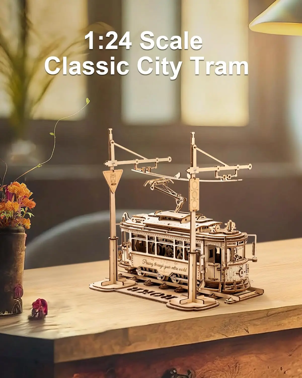 ROKR Classic City Tram 3D Wooden Model Kit – 1:24 Scale Lisbon Tram No. 28, Spring-Powered, Adult Home Decor Collectible