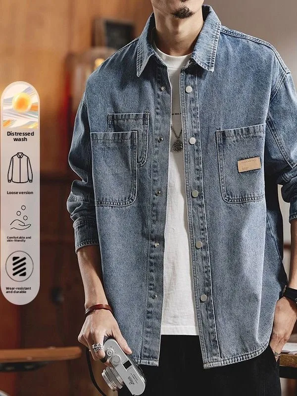 

Retro American Waed Denim irt Jaet Men's Trendy Loose Workwear Jaet Spring Autumn Outerwear Thin Cotton Long Sve