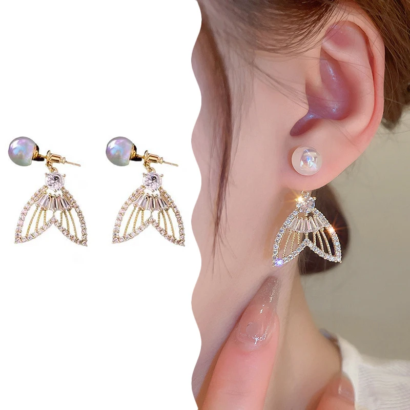 1Pair Light Luxury Mermaid Princess Pearl Fishtail Dangle Earrings For Women Girls Shiny Fairy Fishtail Exquisite Earrings Gifts