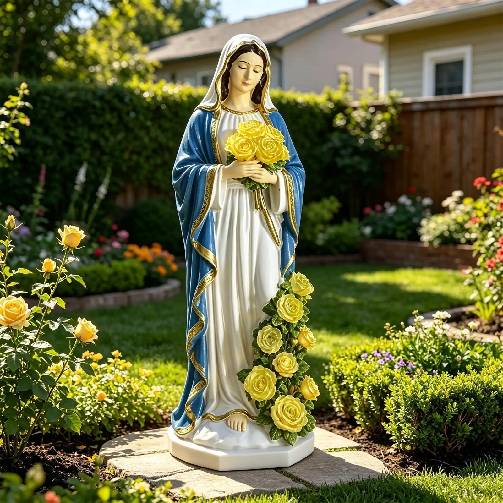 Virgin Mary Garden Statue With LED Rose Light Waterproof Resin decorative Sculpture Sentimental Memorial Gift For Mother Female