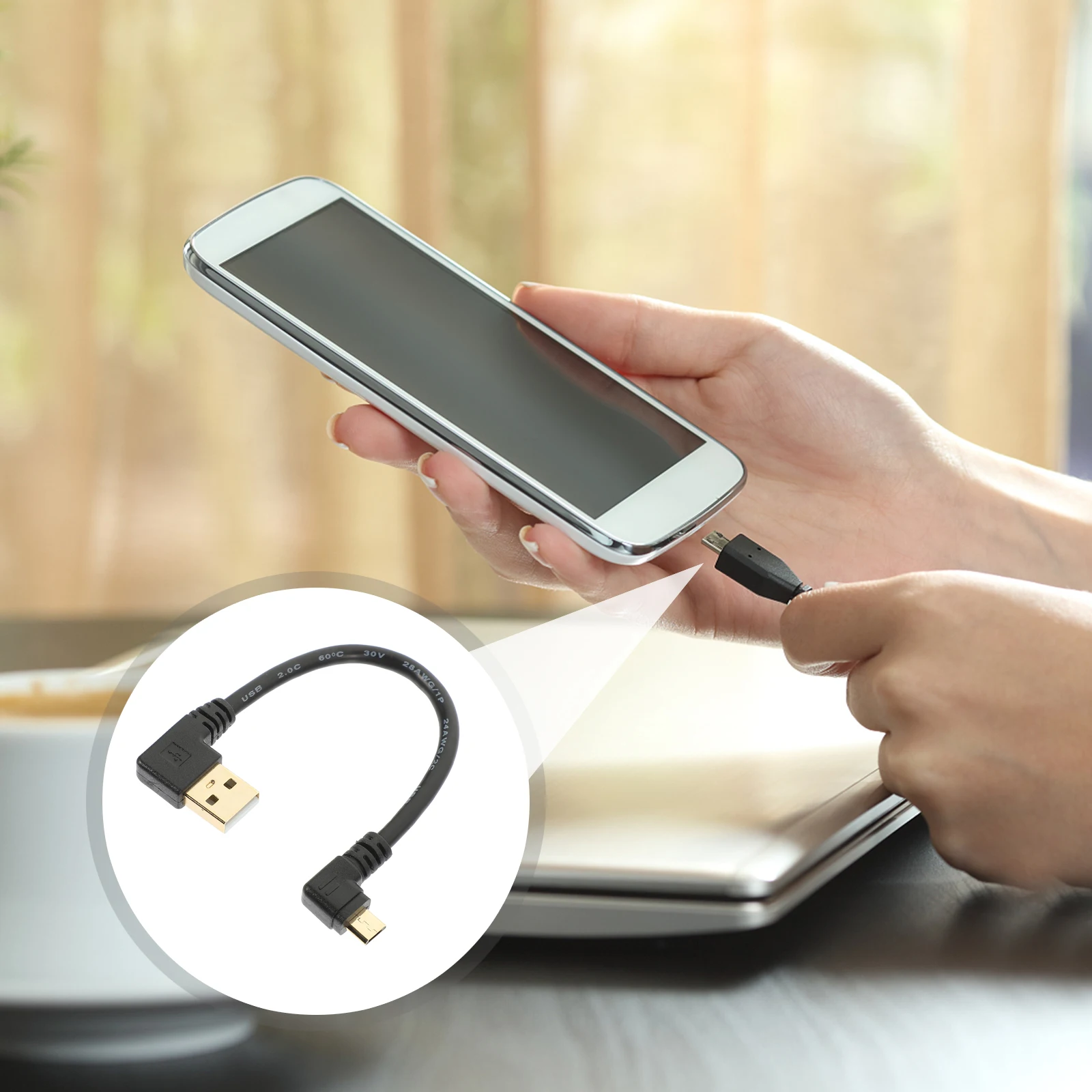 

3pcs Micro USB Cable 6Inch Right Angle GoldPlated ZincAlloy DataTransfer Charging Short USBMale to MicroUSB Adapter