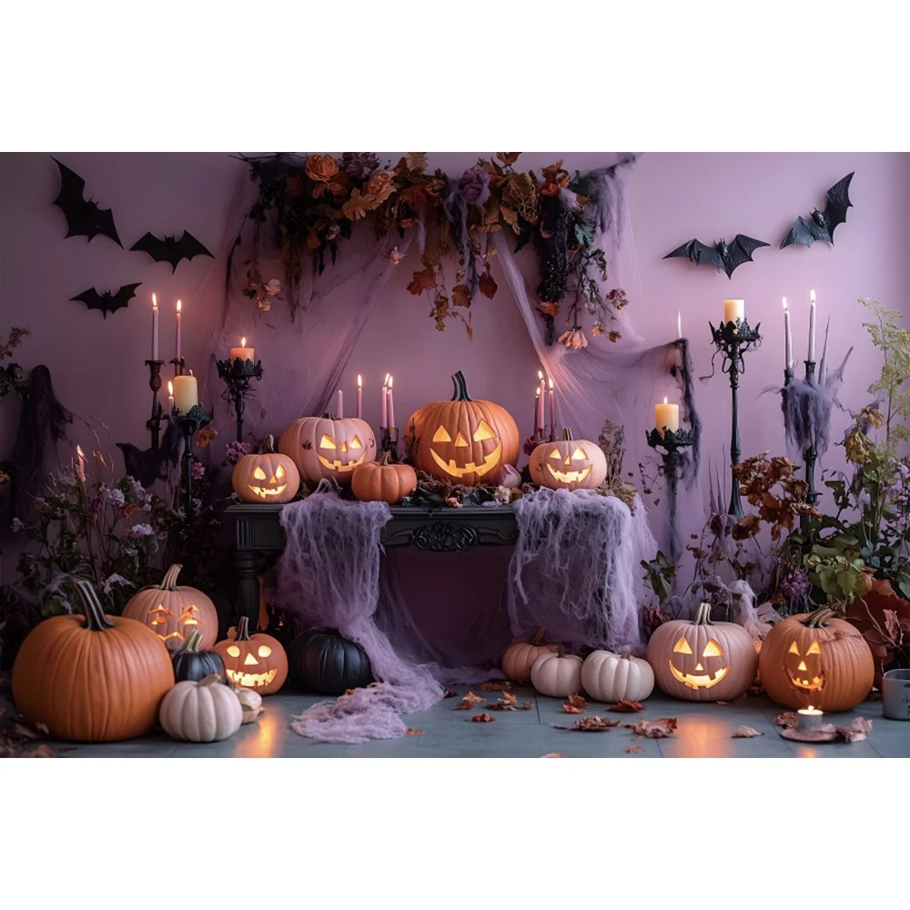 

Pink Purple Halloween Photography Background Scary Spooky Pumpkin Ghost Bat Kids Birthday Party Portrait Photo Background Decor