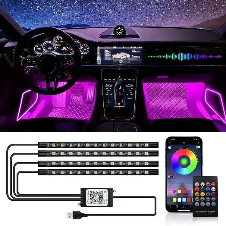 

72 LED Car Interior Ambient Foot Light RGB Neon Atmosphere Lamp Wireless Remote Music APP Control Auto Decorative Light