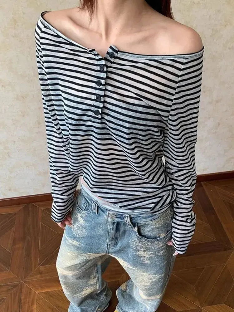 Striped Slash Neck Long Sleeve T-shirt Women Korean Simple Casual Off Shoulder Y2k Tops Micro Transparent Loose Tees