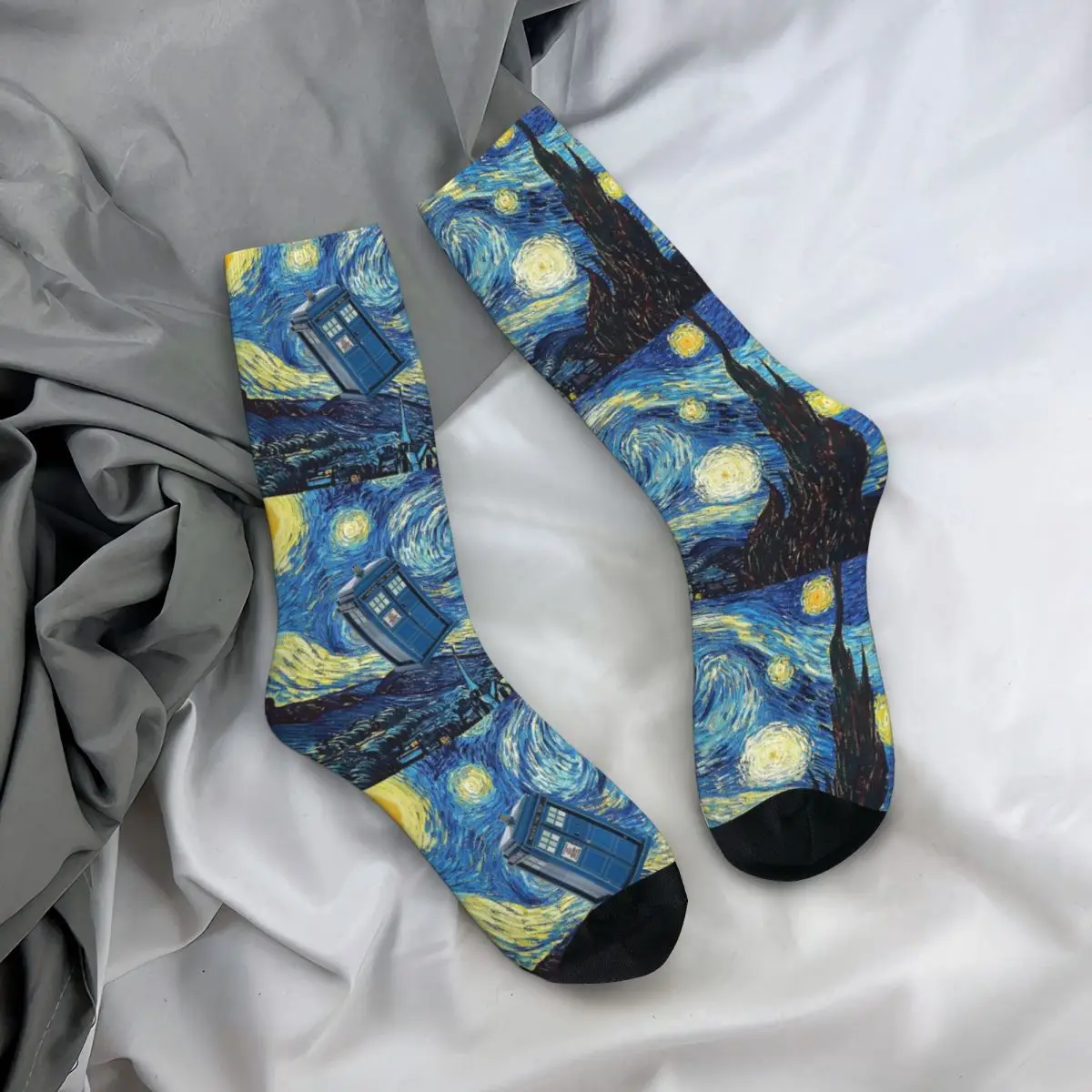 Casual Tardis Vincent Van Gogh Basketball Socks Starry Night Polyester Crew Socks for Women Men Breathable