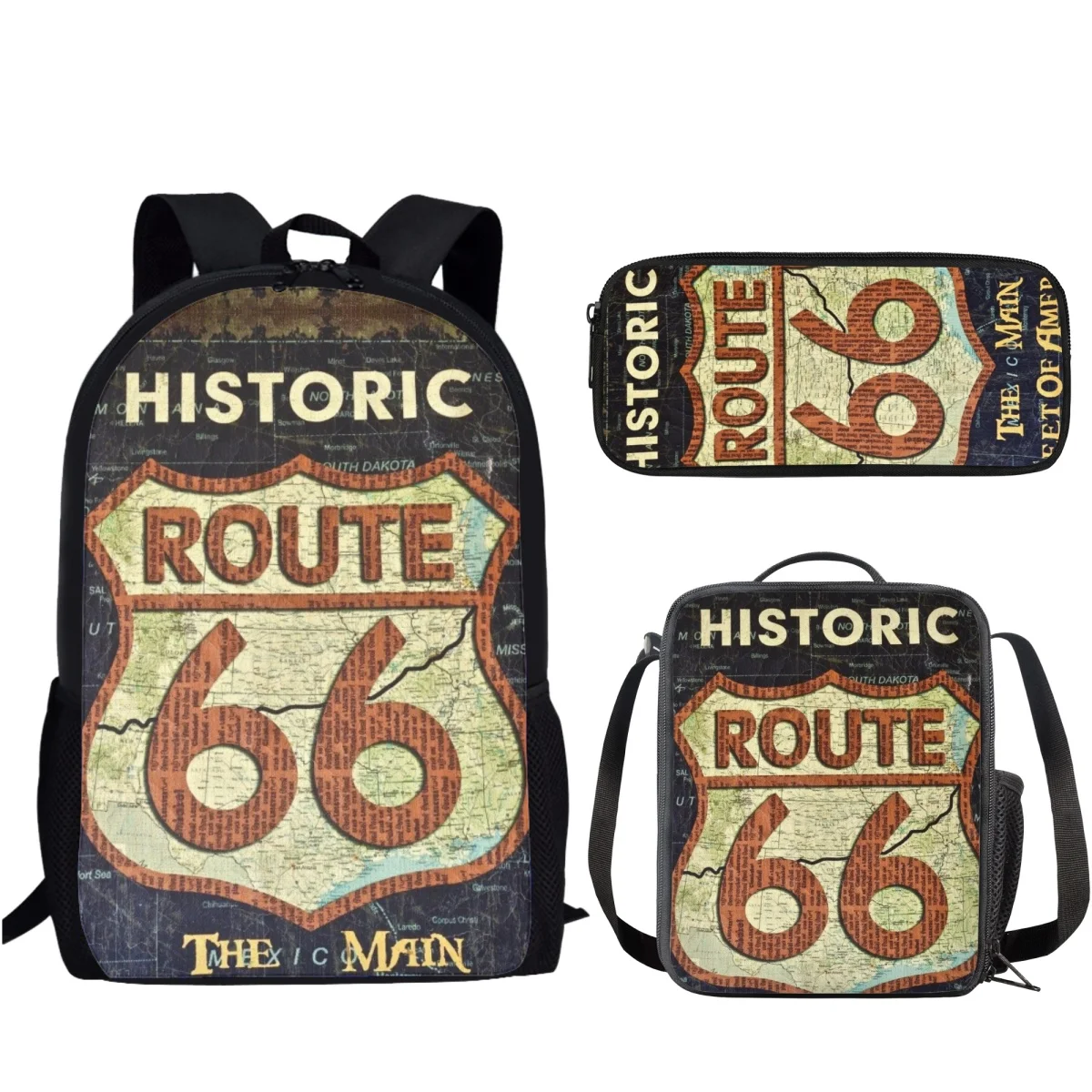 Mochila de motocicleta Vintage America Route 66, mochila escolar para meninos e meninas, mochilas casuais para laptop para crianças, bookbags para adolescentes, conjunto de 3