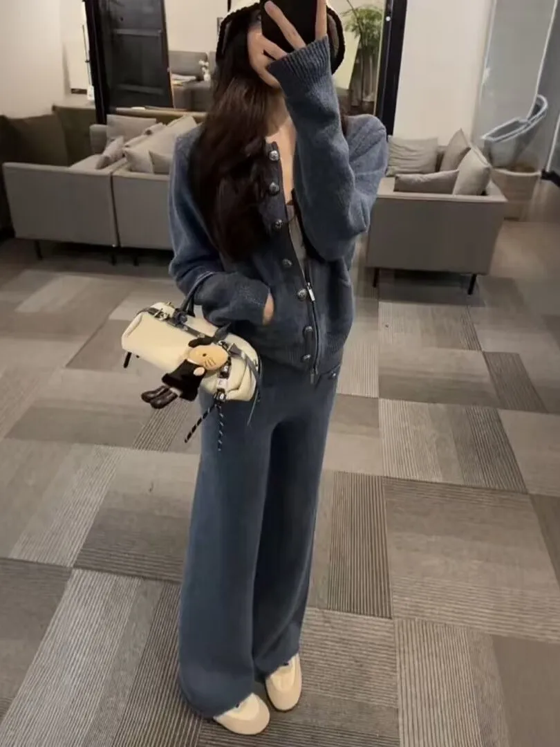 

Fashionable Knitted Knit Set Women's High Waist Wide Leg Pants Two Piece Suite Korean Style Spring New Arrival Comfortable Fit