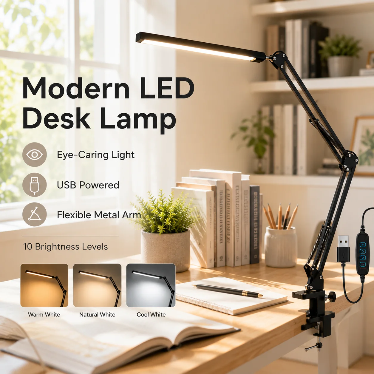 3 Color Modes Dimmable USB LED Desk Lamp, 360° Adjustable Folding Metal Eye Care Reading Light for Study Room Office Bedroom