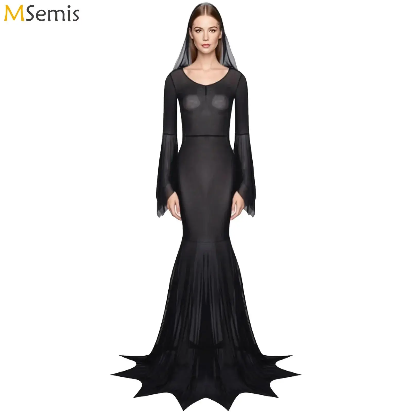 

Womens Halloween Gothic Witch Vampire Cosplay Costume Sheer Mesh Hooded Dress Flared Sleeve Jagged Hem Maxi Dress Cover-up Dress
