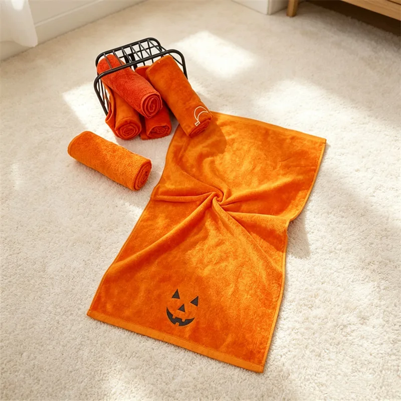 Halloween Themed Orange Cotton Face Towel Cartoon Pumpkin Graphic Print Soft Water‑Absorbing Household Hand Towel Bathroom Home