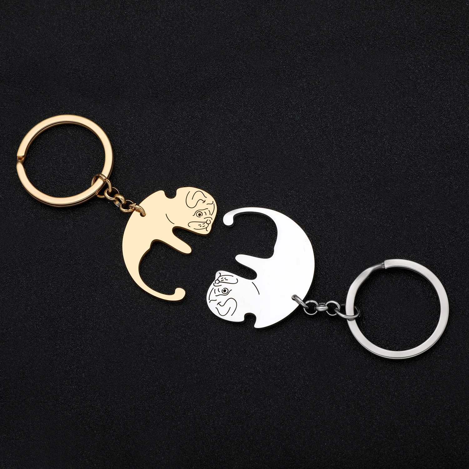 Bonsny Stainless Steel 2PCS Gold Silver-plated Cute Pug Dog Keychains Animals Pet Bag Charm Key Chains Lovers Keyring Decoration