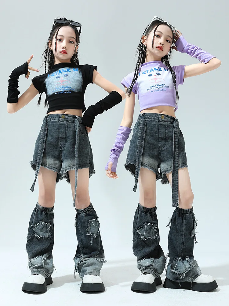 Kid Cute Hip Hop Clothing Cat Mock Neck Crop Top T Shirt Arm Sleeve Denim Shorts Leg Warmers for Girl Jazz Dance Costume Clothes