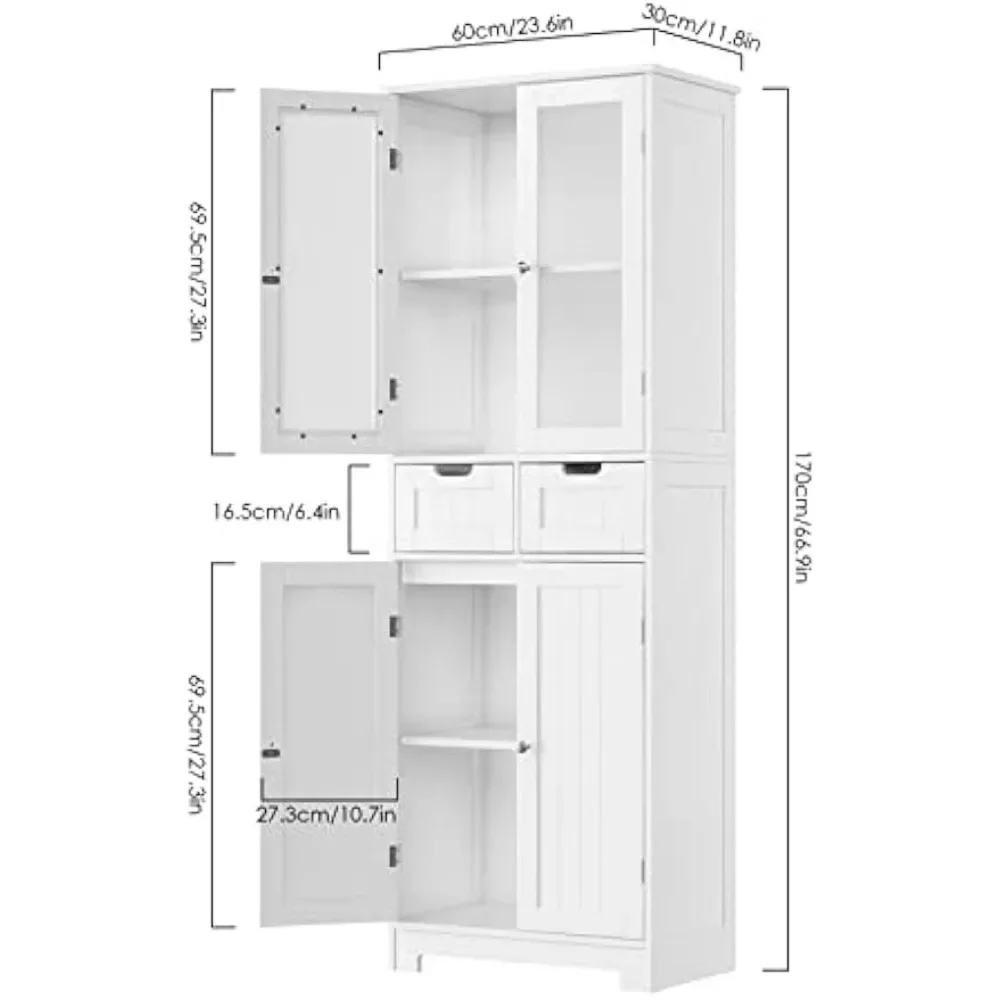 67" storage cabinet, freestanding storage cabinet with glass doors and shelves, linen bathroom cabinet with 2 drawers, white