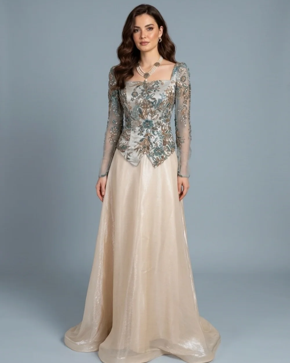 

Customized Modern Style Women Charmeuse Applique Sequined A-Line Evening Dresses Matching Square Neck Long Sleeves Prom Dresses