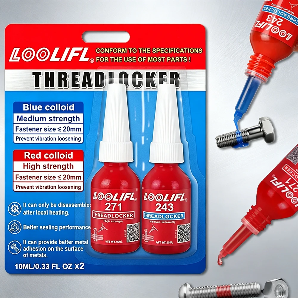 Loolifl Schraubensicherungsmittel 243 Blau & 271 Rot 2er-Pack Anaerober Klebstoff Mittelstark Hochfester Schraubenkleber Anti-Vibrations-Dichtmittel