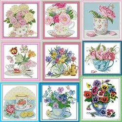 Teacup Flowers Series Joy Sunday Floral Pattern Cross Stitch Set 14CT 11CT White Cloth Printed Fabric Embroidery Kit Home Decor