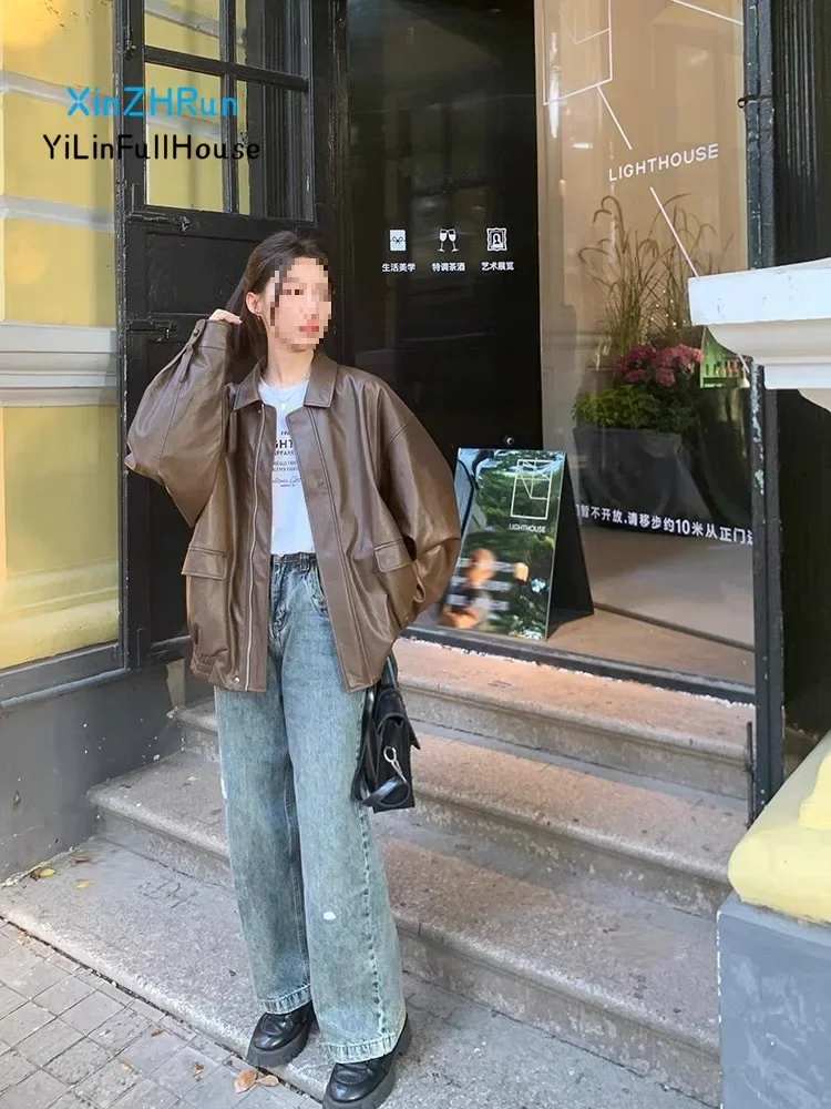 Retro Leather Jacket Women\'s Short Style 2024 Autumn Korean Version Fashionable Loose Leather Jacket Handsome Motorcycle Jacket