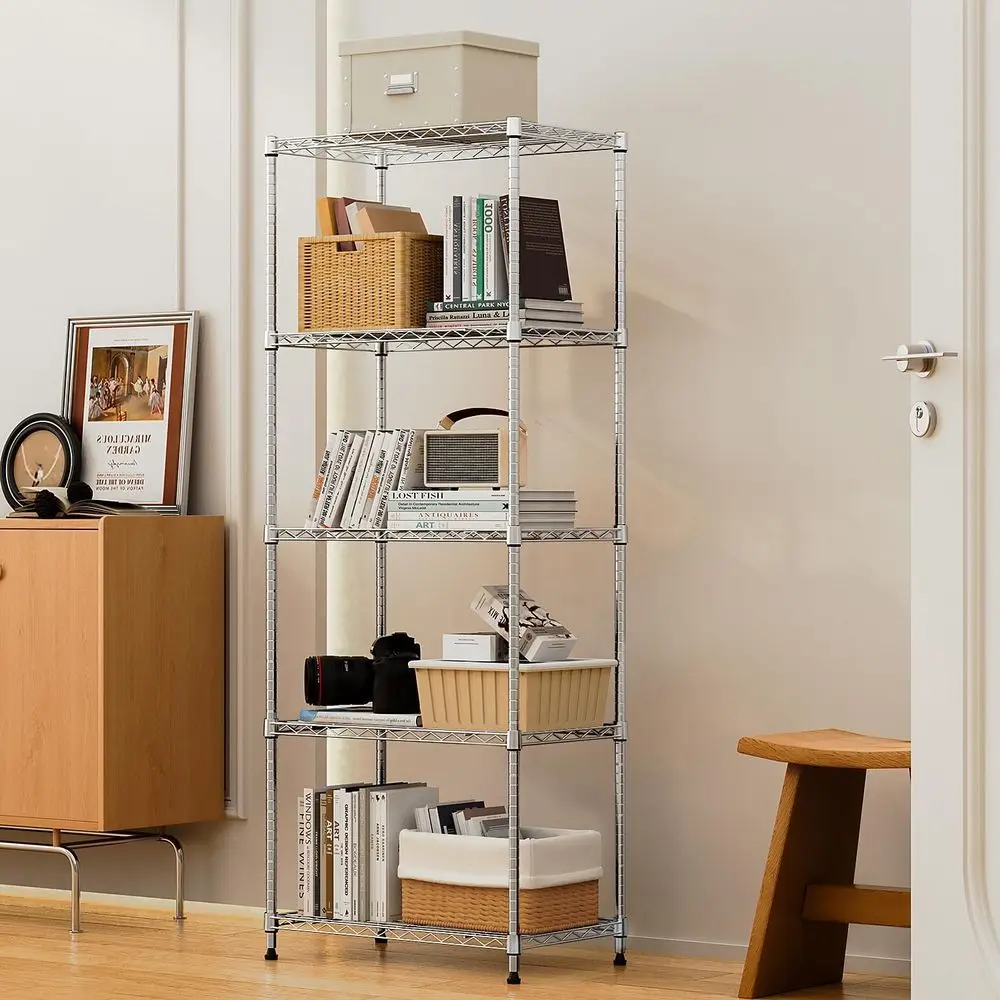 5-Tier Metal Storage Rack with Wheels for Garage, Kitchen, and Laundry - Chrome, 13.7x23.6x62.4