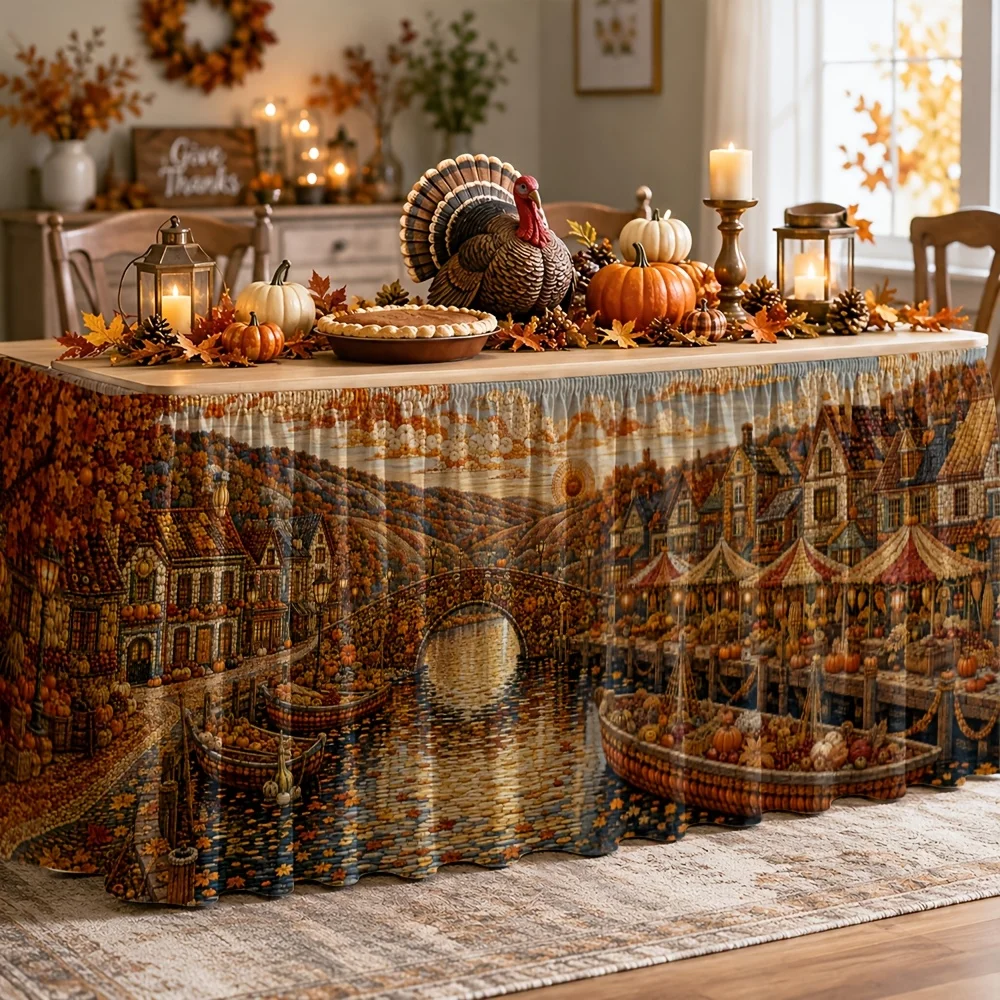 Table skirt/tableskirt autumn town, landscape illustration, warm countryside, thanksgiving, halloween, autumn