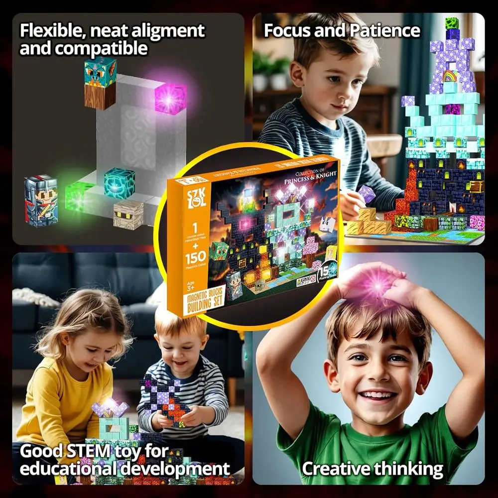 光る磁気ブロック - 150ピース プリンセス＆ナイトテーマ STEMセット 3歳以上のお子様向け 15個の光るキューブ付き