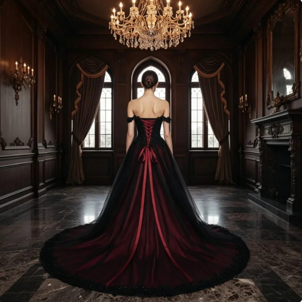 Black Burgundy Gothic Wedding Dresses Floral Lace Appliques Vintage Bridal