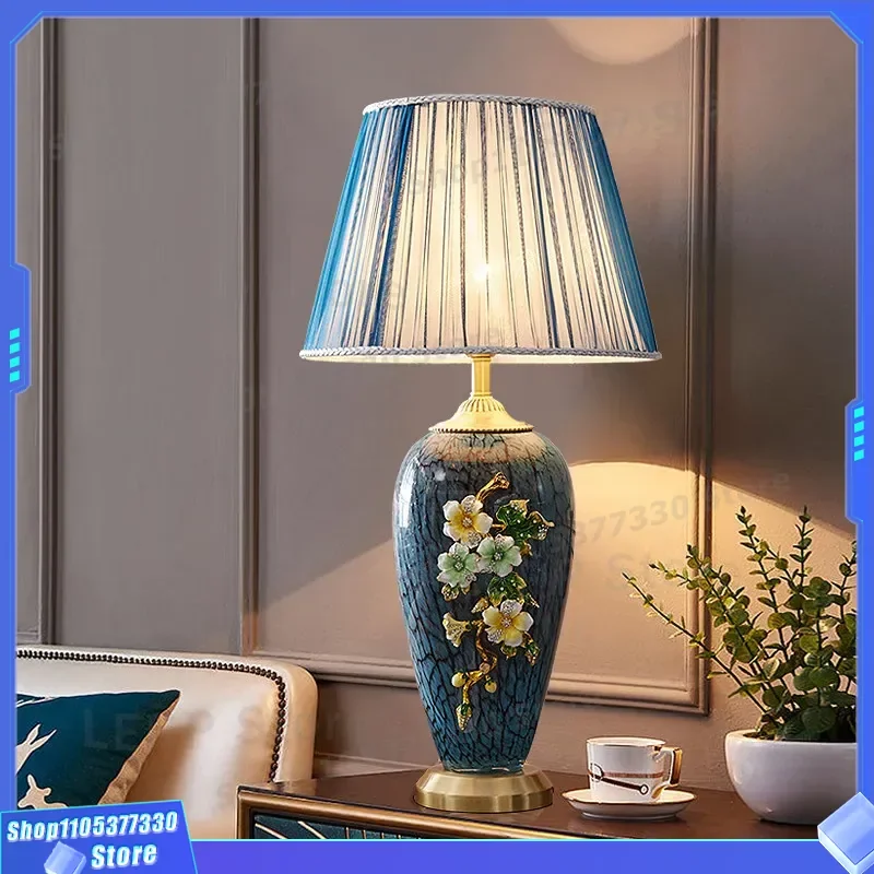 American Luxury Enamel Ceramic Table Lamp All Copper Base European Style Living Room Sofa Bedroom Bedside Light New Design