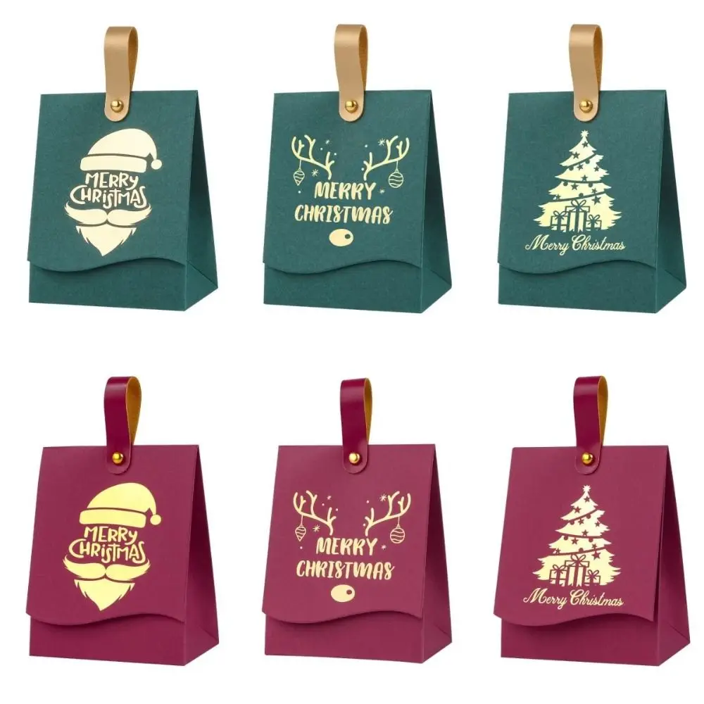 10pcs Leather Handles Christmas Gift Boxes Cardboard Flap Top Party Favor Bag Xmas Tree Pattern Gift Packaging Bag Party Decor