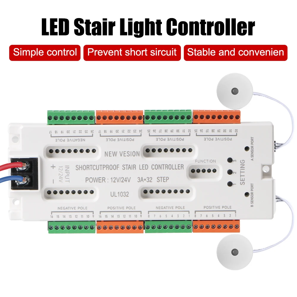 

12 В/24 В постоянного тока, светодиодный датчик движения для лестницы, предотвращающий коротко замыкание, контроллер, лестница, ночник, 32 канала