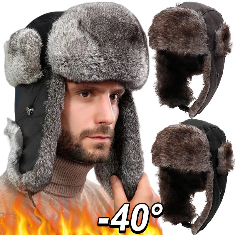 

Men's Winter Trapper Aviator Trooper Earflap Warm Russian Waterproof Ski Hat Bomber Cap Russian Warm Ear Protectors Hats